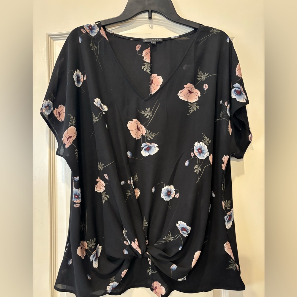 West Kei Black Floral V-Neck Knot Front Blouse
